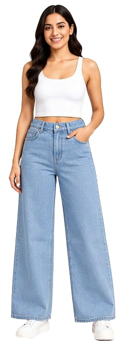 Women's Wide Leg Jeans, High Waist, Light Blue Denim, Casual Style-picture-24