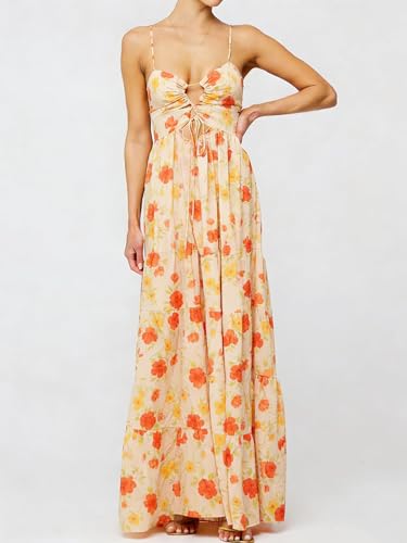Image of Womens Summer Floral Spaghetti Strap Backless Low Cut Smocked Milkmaid Flowy Beach Sundresses