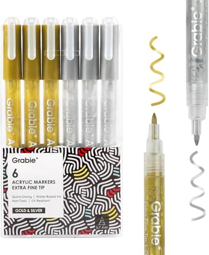 Image of Grabie Gold&Silver Extra Fine Tip Acrylic Paint Marker Set, 6 Pack Gold Paint Markers, 0.7mm Acrylic Paint Pens for Black Paper, Halloween Pumpkin, Christmas DIY, Silver Pen(Gold&Silver)