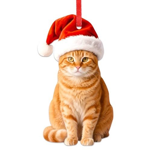 BIZIBAFF Orange Cat Christmas Ornament - 2D Realistic Cats Ornaments for Christmas Tree - Acrylic Lifelike Kitten Ornament Decor, Gifts for Cat Lovers Women & Men Pet Memorial Keepsake