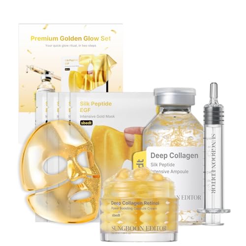 SUNGBOON EDITOR Premium Overnight Anti-Aging Bundle - Golden Glow Silk Peptide Ampoule & 24K Gold Mask Set with Deep Collagen Retinol Capsule Cream (1.69 fl oz) for Fine Lines, Wrinkles & Rad