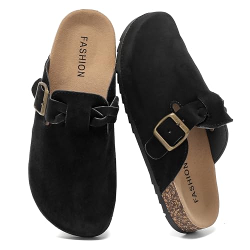 Suede Clogs for Womens Leather Mules Mens Closed Toe Adjustable Buckle Comfort Slippers Soft Cork Footbed Sandals with Arch Support Anti Slip Black