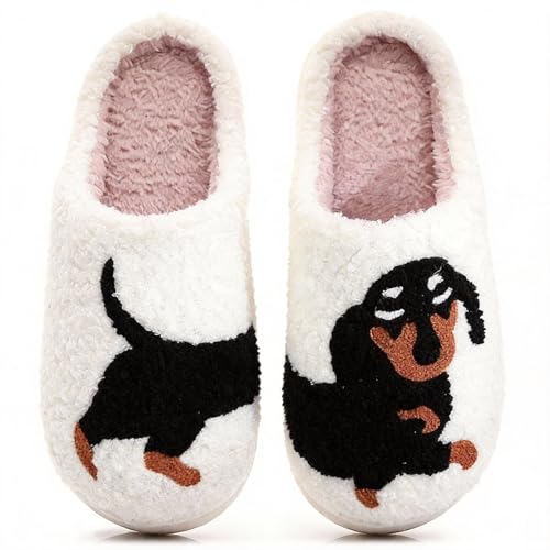 XUILOG Dachshund Fuzzy Slippers for Women White Plush Indoor Slip-On House Slippers Non-Slip Cute Wiener Dog Print Dog Lover Slippers White 5-6