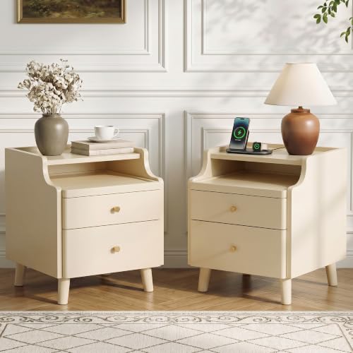 Image of Nightstand Set of 2, Pre-Assembled, 19.7 inchH Solid Wood Night Stand with 2 Drawers, Open Sliding Shelf, Mid Century Modern Small Bedside Table for Bedroom, Cream 16 inch