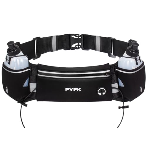 PYFK Running Belt with Water Bottles, Hydration Belt for Men and Women, Water Bottle Holder Running Pouch Water Belt, Fanny Pack Fits 7 inches Phones, Waist pack for Runner Jogging (Black Reflective)