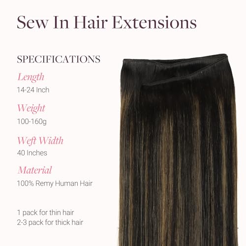 Image of GOO GOO Sew in Hair Extensions Real Human Hair, Weft Hair Extensions Human Hair, 1B /6 /1B Balayage Natural Black to Chestnut Brown 14inch 100g, Weft Bundles Straight Silky Remy Hair