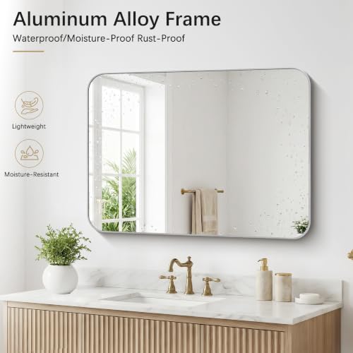 Image of DESBING 40 inchx30 inch Bathroom Mirror for Over Sink, Silver Framed Wall Mirror | High-Definition Shatterproof Vanity Mirror with Rounded Corner for Bedroom Living Room Entryway Horizontally or Vertically