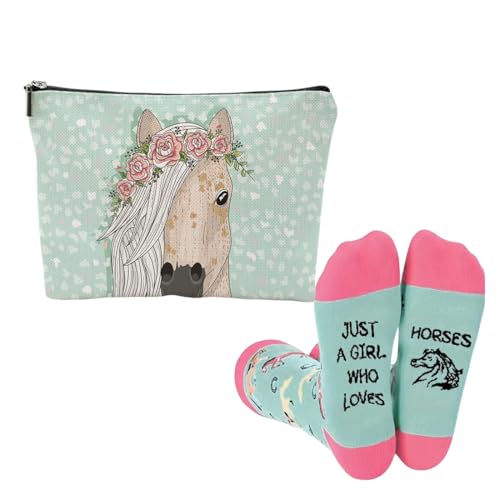 WUYJI Toiletry Bags, Questo set regalo da 2 pezzi include un beauty case e calzini con motivo a cavalli. È un beauty case da donna con cerniera da viaggio e beauty case multifunzionale