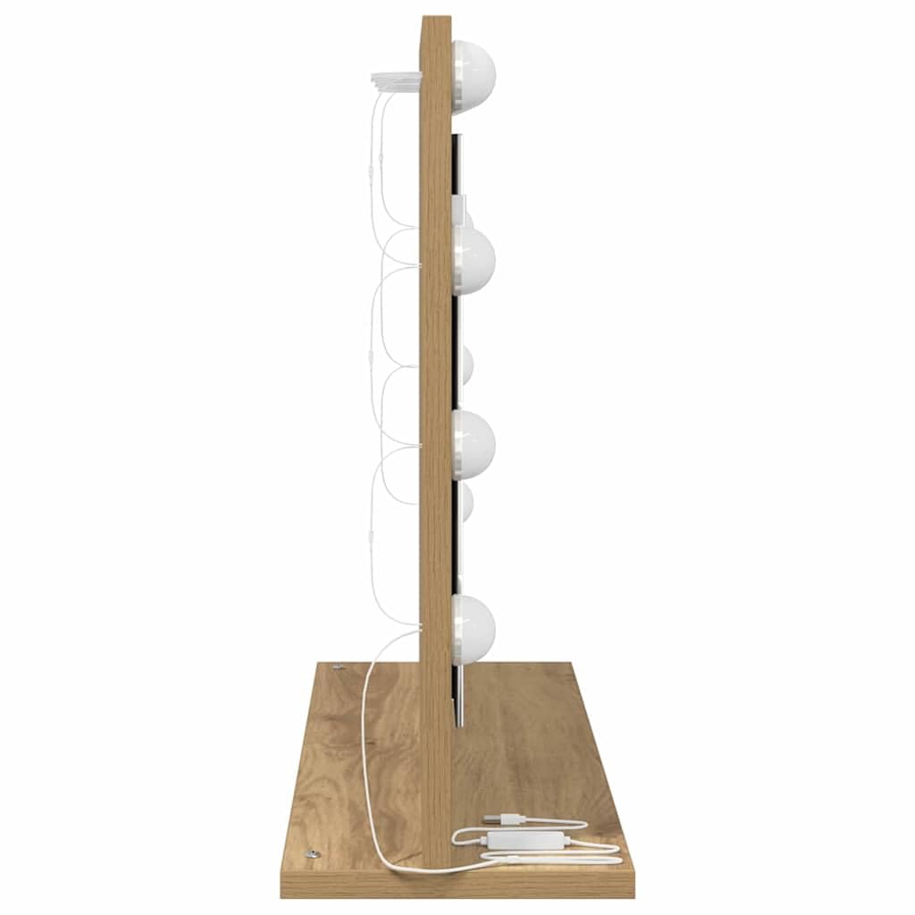 Espejo de tocador de roble Artisan, 60 x 45 x 18 cm, ángulo recto con tira LED alimentado por USB, espejo de maquillaje para dormitorio, baño, pasillo y armario