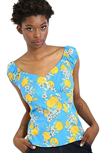 Hell Bunny Valencia Blouse Orange Blossom 1950's Fitted Cute Summer Vintage, Blue, L