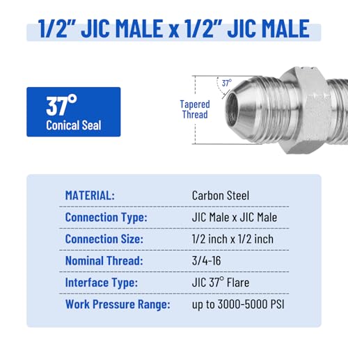 Image of 10 Pack Hydraulic Hose Adapter Fittings: 1 /2 inch JIC Male x 1 /2 inch JIC Male, Straight Tube Hydraulic Connectors with Protection Cover