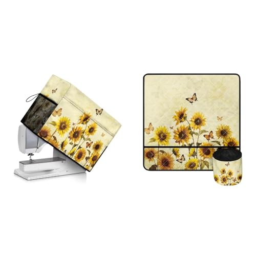 Kathyboom Butterfly Sunflower Sewing Machine Mat & Dust Cover with Side Handle Sew Machine Mat Reduce Vibration Noise Movement Dust Resistant Cover for Sewing Machine Home Decor
