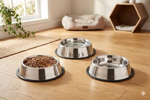 Image of Pets Empire Dog & Cat Bowls Stainless Steel, Pack of 3, Anti-Skid Feeding Bowls for Food & Water, Heavy Duty Metal Pet Bowl, Rust Proof, Dishwasher Safe for Puppies, Cats & Dogs (3, 1400 ML)