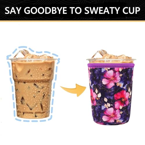 Image of YR Reusable Neoprene Insulator Sleeve for Iced Coffee Cups, 3 Pack Coffee Coolies sleeves for Iced & Hot Drinks, Cold Beverage Cooler Compatible with Starbucks Coffee and More (Fuchsia Floral)
