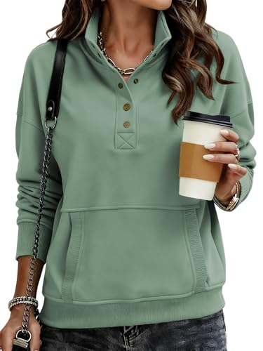 Cuptacc Jersey Cuello Alto Mujer Sudaderas Mujer Sin Capucha Tops con Bolsillos Henry Collar Suéter Casual Moda Verde Claro L 42-44