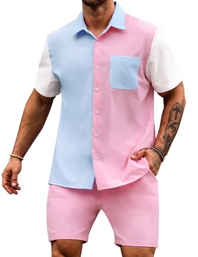 LecGee Men Summer Casual Short Sets Contrast Short Sleeve Button Down Shirt and Shorts Set 2 Piece Outfits Tracksuit
