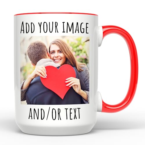 Giftbees Personalized Coffee Mug 15 Oz, Custom Picture Text or Logo Ceramic Mug, Customized Gift for Men & Women, Taza Personalizada with Photo and Words, Customizable Large Tea Cup | White - Red