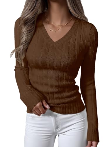 Image of ANRABESS Women's Cable Knit V Neck Fitted Sweaters
