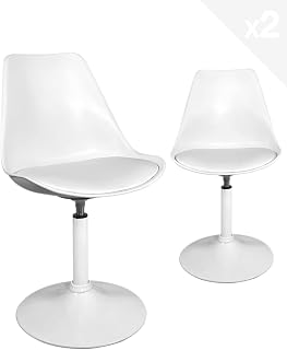 KAYELLES Silla giratoria giratoria diseño retro vintage, asiento de plástico suave, cojín de piel sintética integrado, base de metal con silicona antideslizante NOSA – Juego de 2 unidades (blanco)