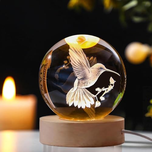 Image of 3D Crystal Ball Night Lamp, Crystel Ball Night Light with USB, LED Wooden Base Table Lamp for Bedroom Home Office Decoration Birthday Gift for Boys and Girls (Hummingbird Crystal Lamp)
