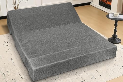 Image of Foldable Three Seater Sofa Cum Bed, Sofa Bed 5X6 Feet, Jute Fabric- Washable Cover- Including 3 Printed Cushion Perfect for Home & Office - Grey