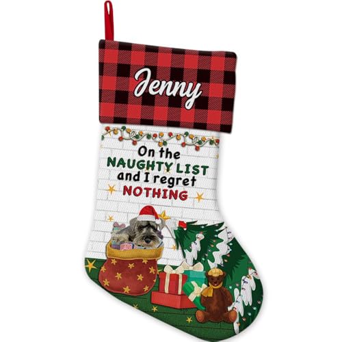 GABSHAIM Funny Schnauzer Dog Christmas Stockings Linen On The Naughty List and I Regret Nothing Custom Xmas Stockings Fireplace Christmas Holiday Decoration Style 1