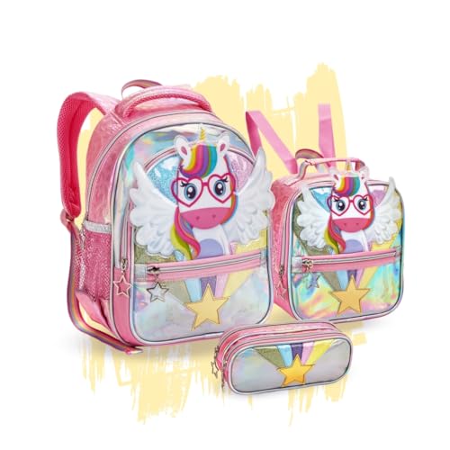 Kit Mochila Escolar Infantil Menina 3 Divisórias Gatinha Unicornio Com Lancheira e Estojo (Unicónio Rosa)