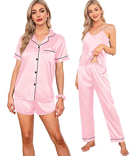 Swomog Satin Pajama Set Women Silk Pjs Set Short Sleeve 7 Piece Pj Bag Button Down Sleepwear Hair Ring Lounge Sets Pink #TOP3