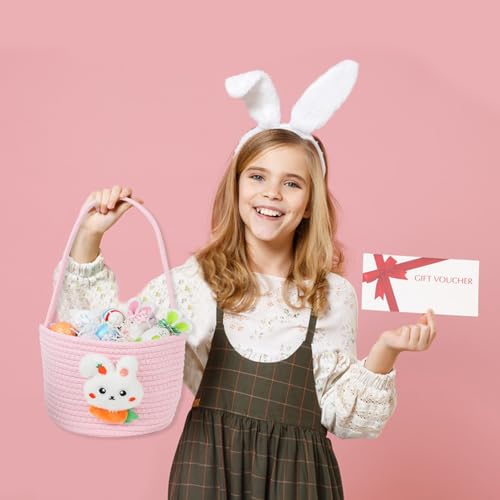 Image of DERAYEE Easter Basket with Handle, Cute Bunny Carrot Basket Easter Egg Hunts Gift Baskets for Easter Party Favors Candy Gifts Storage (Pink)