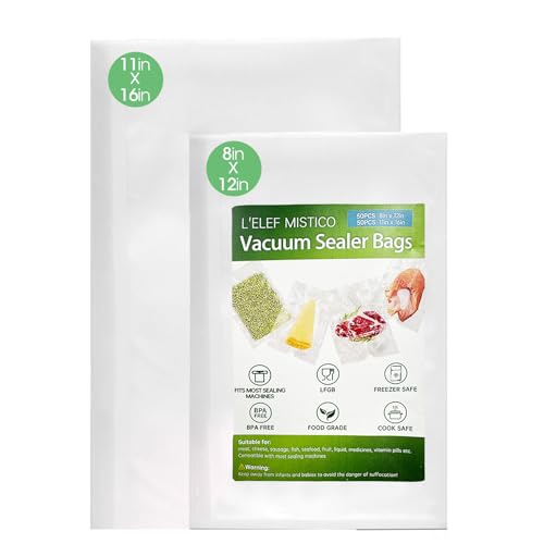 L'ELEF MISTICO Precut Vacuum Sealer Bags for Food, 50 Quart 8" x 12" & 50 Gallon 11"x16" BPA Free Food Saver, Vacuum Storage for Sous Vide and Freezer