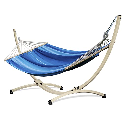 Potenza Outdoor Hängematte mit Gestell für 2 Personen I Stabhängematte XXL 220x160, 200kg I Verzinkter Hängemattengestell 220kg Wetterfest (Blau, Gestell Ecru)
