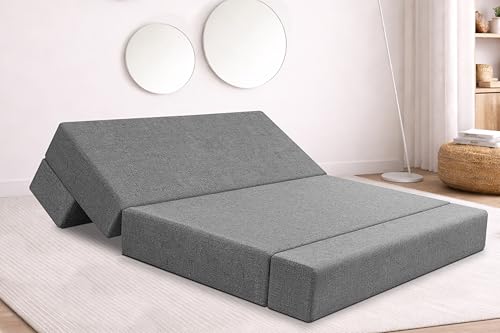 Image of Rosebell Two Seater Foldable Sofa Cum Bed (4x6 Feet) ? Jute Fabric, Washable Removable Cover, Includes Cushion | Space Saving Convertible Sofa Bed for Home, Office & Guests - Grey