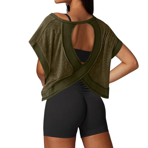 Image of UNIANKIYA Open Back Workout Tops for Women Loose Fit Athletic Crop Tee Short Sleeve Gym Running Yoga Shirt