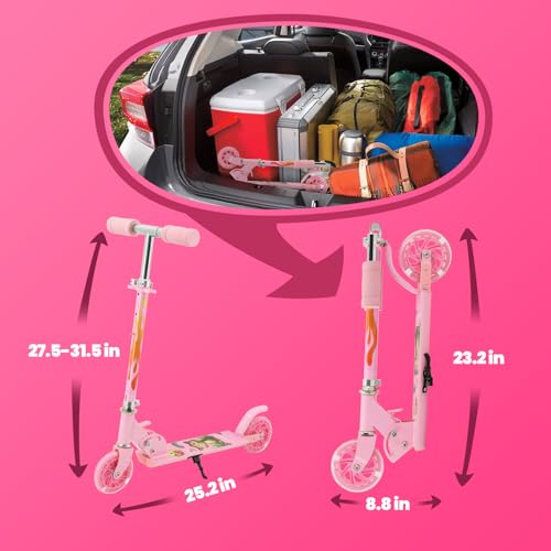 Scooter for Kids Ages 3+, Teens, Foldable Kick Scooter with Light up Wheels, Kickstand, 3 Adjustable Levels, Rear Brake, Lightweight Boys Girls Outdoor Toys for Kids 8-12, Pink - Thumbnail 6