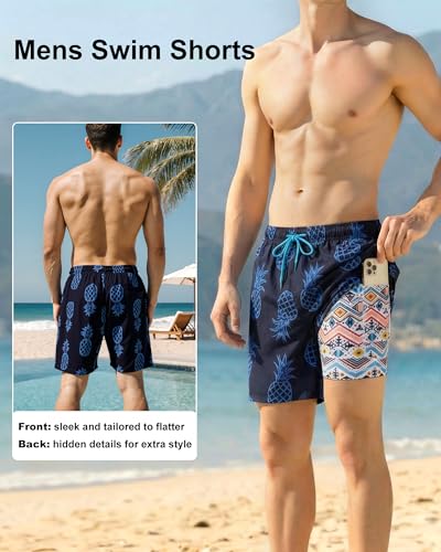 Image of Mens Swim Trunks with Compression Liner 2 in 1 Quick Dry Swimming Shorts Swimwear Bathing Suits with Pockets