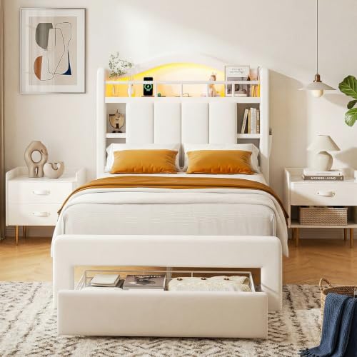Image of Beige Twin Size LED Bed Frame with Storage Headboard, Upholstered Velvet Princess Bed for Girls with 5 Charging Ports (USB-C & AC), Hidden Privacy Compartment, Sturdy Aluminum Frame & 1 Silent Drawers