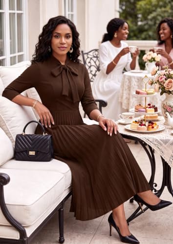 Image of FANDEE Maxi Dress for Women Formal 3 /4 Sleeve Pleated Empire Long Dress Semi Formal Tie Neck Office Work Dresses