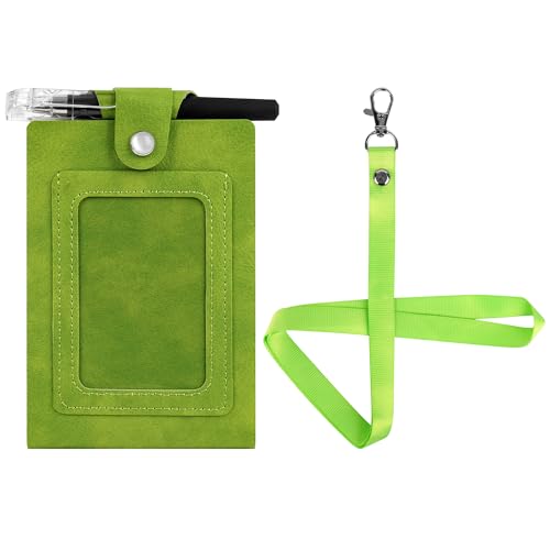 Biiange Mini Notebook on Lanyard, Small Notebook with Lanyard, PU Leather Lanyard Meeting Notebook, Neck Hanging Notepad with ID Slot and Pen (Green)