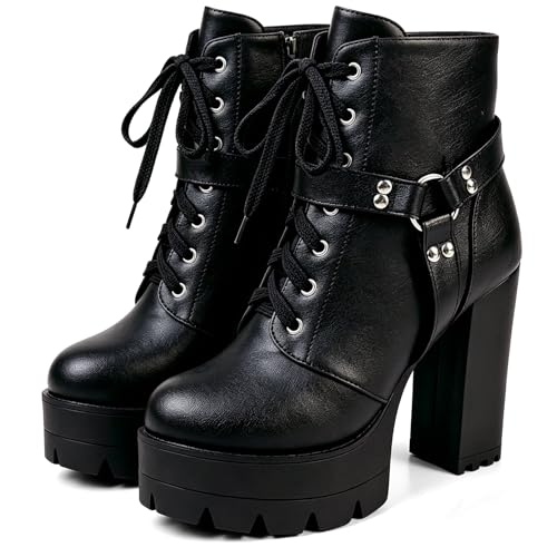 Image of MEOTINA Women Platform Boots Black Chunky Heel Ankle Booties Lace Buckle Combat Boots with Zipper High Heel Goth Shoes