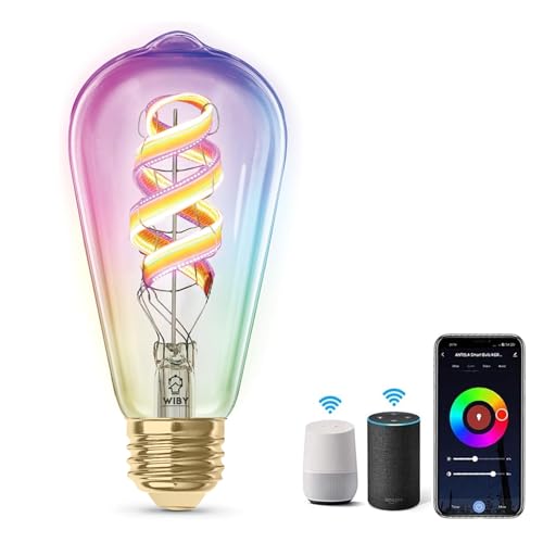 Wiby Lampadina Alexa Inteligente WiFi Vintage Edison E27 a Filamento,4.9W Dimmerabile Multicolore,Funziona con l'app e Alexa Lampadine RGBWW, ST64，180LM Sfera 360°,1 Pezzi