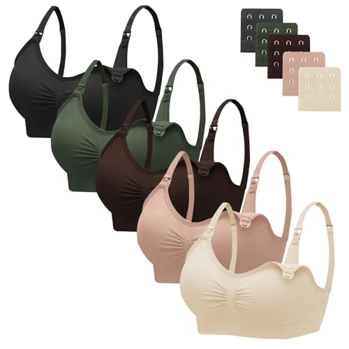 Image of Angelhood Nursing Bra 5 Pack Womens Maternity Breastfeeding Seamless Wireless Sleep Bra with Extenders