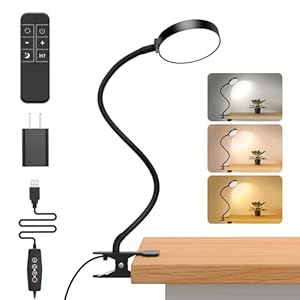 Reading Light with Remote, LED Desk Lamp Clip on [1H Timer & Nightlight] RA>95 Dimmable Flexible Gooseneck, Reading Lamp with Clamp for Table – 3.5” (Adapter Included)