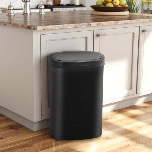 Image of BestOffice | 13 Gallon Plastic Trash Can with Lid | Dark Black | Automatic Touchless Garbage Can | Odor Control | Modern Oval Design | Easy to Clean | For Kitchen, Bathroom, Office or Home