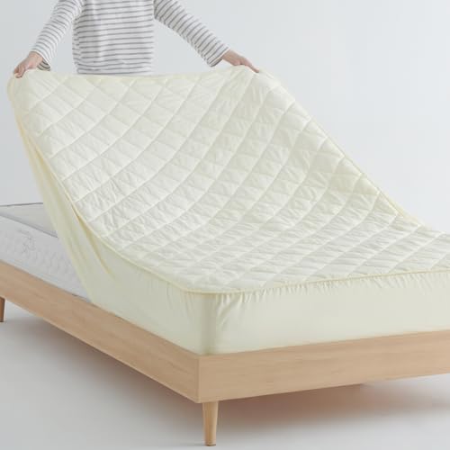 クモリ(Kumori) 綿100% パッド一体型ボックスシーツ シングル 毛玉なし 素肌にやさしい 吸水速乾 耐久性が高い 洗える オールシーズン TEIJIN中綿 抗菌 防臭 マットレスパッド ベッドシーツ ベッドマット 敷きカバー 100X200cm ベージュのサムネイル