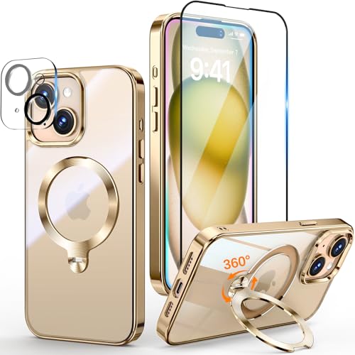 Coque iPhone 15 MagSafe antichoc or avec anneau de support et protection écran