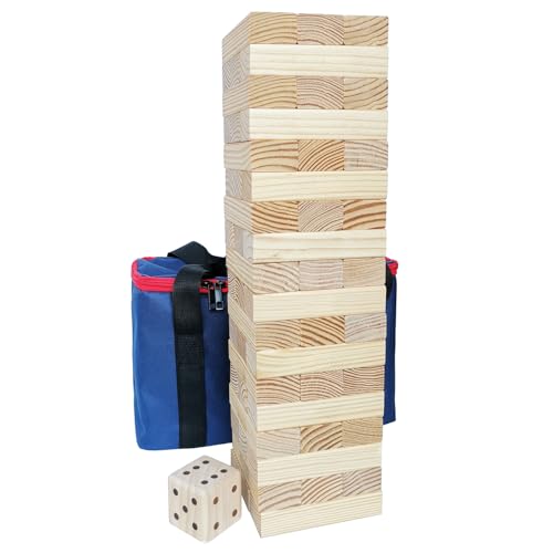 Jac & Mok Tumble Tower Wooden Toppling Blocks Game set Large Table Top Stacking Timber Games with Carrying Bag (54 pcs Large Tumble Tower with Dice)