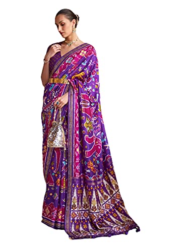 Sari traditionnel en soie patola d'exception brodé de pierres multicolores