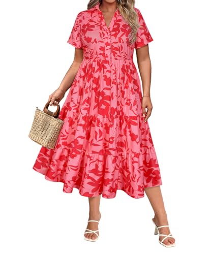 Image of CARCOS Plus Size Dresses for Curvy Women Collared Vneck Short Sleeve Dresses Midi Summer Ruffle Dress with Pocket XL-5XL