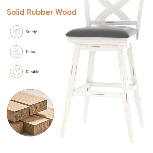 Image of MU Swivel Barstools Set of 6, 29 Inch Bar Height Kitchen Island Chairs with Back, Upholstered Seat Bar Stool with Solid Wood Legs & Footrest, Counter Stools for Pub, Bar, Restaurant (Antique White)