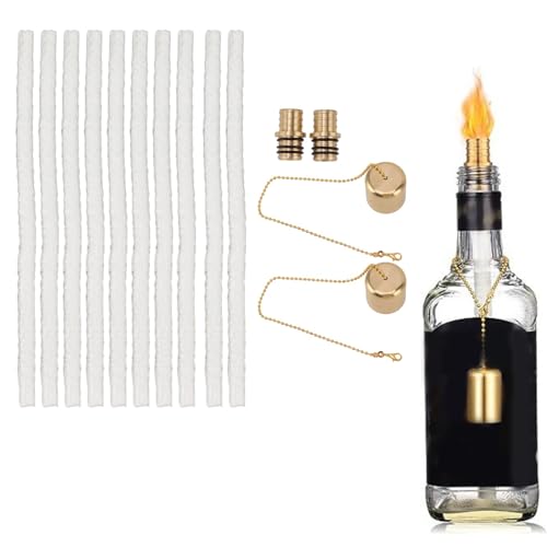 Wine Bottle Torch Kit 10PCS Wine Bottle Torch Wicks Kit Fiberglass Replacement Wicks with Brass Torch Wick Holders and Caps for DIY Homemade Torch Indoor Outdoor Decor